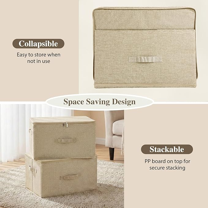 ANMINY 3PCS Storage Bins with Zipper Lids 13 Qt Lidded Fabric Storage Boxes Baskets Cubes with Handles Collapsible Washable Cotton Linen Closet Shelf Clothes Organizer Containers - Beige, Small