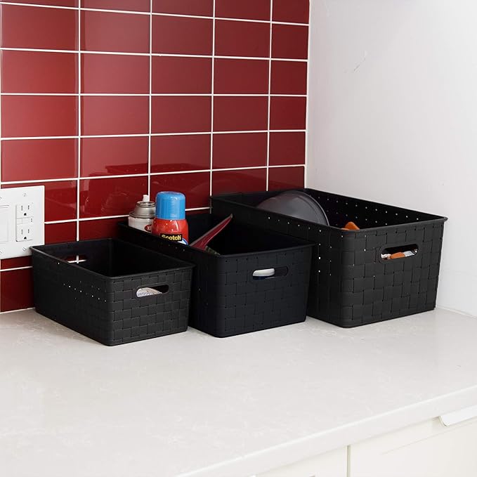 BINO Plastic Basket, Small Black, 5 Pack, The Stable Collection, Multi-Use Storage Basket, Rectangular Cabinet Organizer, Baskets for Organizing with Handles, Home & Office Storage Organizer