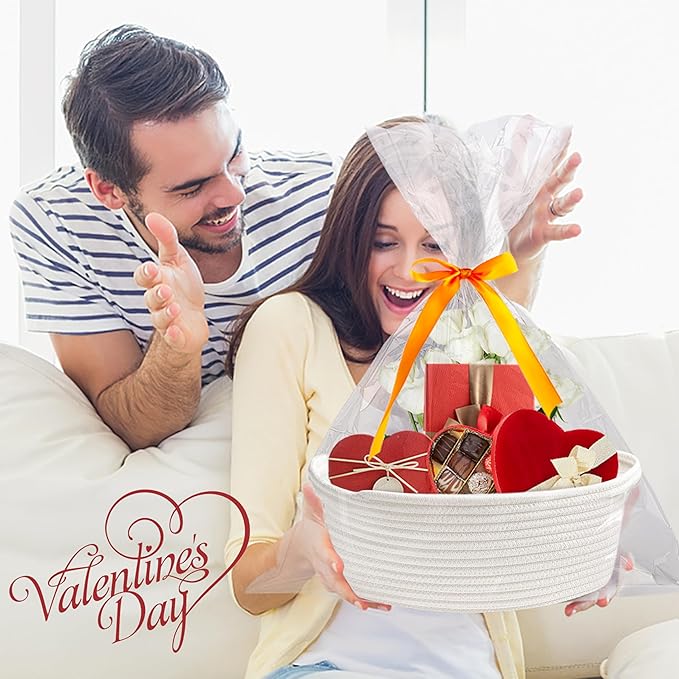 Pro Goleem Small Woven Burr Basket with Gift Bags and Ribbons Durable Baskets for Valentines Day Gifts Empty Small Rope Basket for Storage 12"X 8" X 5" Baby Toy Baskets with Handles, White