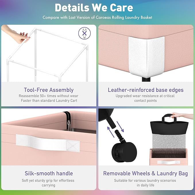 Caroeas Next-Gen 105L Matel Frame Laundry Basket with wheels, Heavy Duty Tall Rolling Laundry Hamper with Removable Wash Bag, Collapsible Freestanding Clothes Hamper For Laundry Room (105L,Pink,2Pack)