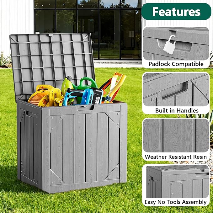 Outdoor Storage Box,30 Gallon Deck Box Outdoor Storage Bench Outside Waterproof Resin Storage Bench, Lockable Patio Cushions, Garden Tools Storage For Furniture, UV Resistant(Gray
