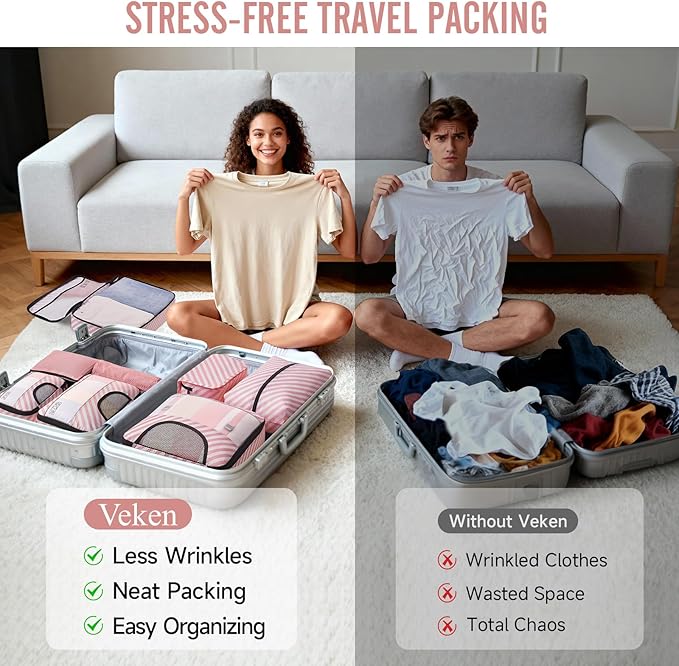 Veken 8 Set Packing Cubes for Travel Essentials, Suitcase Organizer Bags in 4 Sizes, Carry-On Luggage Accessories with Large Laundry & Hanging Toiletry Bag, Must-Have for Airplane, Road Trip & Camping