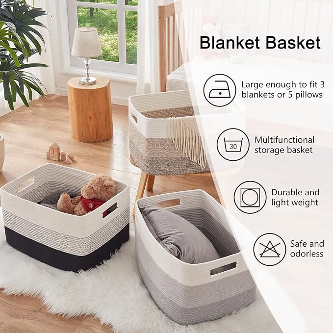 OIAHOMY Large Blanket Basket, 22”x17”x12” Rectangle Woven Baskets, Nursery Blanket Storage Living Room, Toy Storage With Handle, Large Baskets for Organizing-Gradient Grey