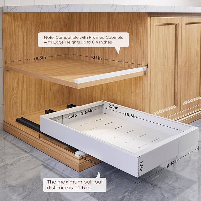 4 Pack Pull Out Cabinet Organizers 21" Deep With Raising Pad for Framed Cabinets, Expandable Width (9"-14") Slide Out Drawers Upgrade 3 Slide Rails, Roll Out Shelves Adhesive, White