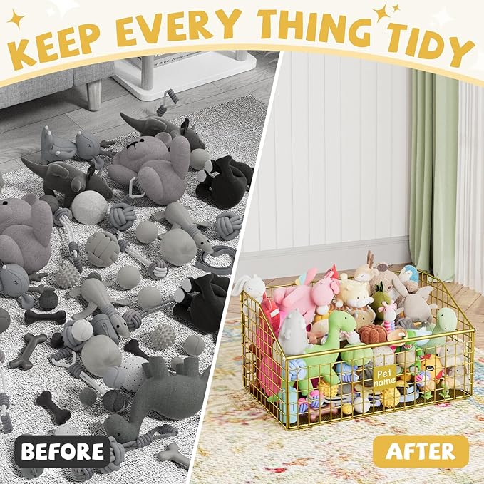 Indestructible Dog Toy basket, Large Toy Bin for Dogs,Pet Toy Bin Dog Metal Basket Organizer Storage for Toys Food Storage (Gold)