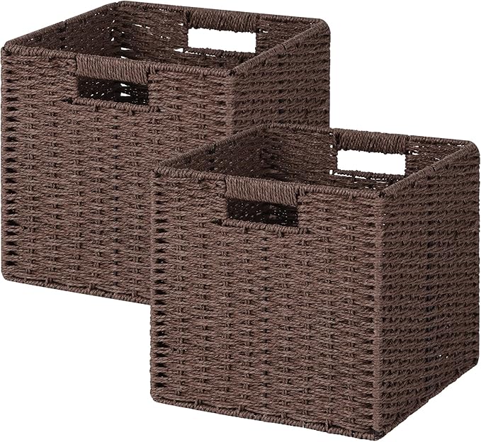 Woven Wicker Storage Baskets 2-Pack, 11x11 Handwoven Paper Rope Organizer Bins, Foldable Cube Storage Cubes with Built-in Handles for Shelves and Closet Organization(Dark Brown）