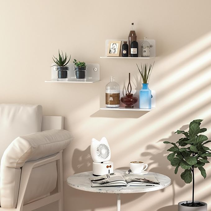 8 Inches White Small Shelves Acrylic, Wall Shelves for Living Room Décor, Bedroom, Bathroom, Kitchen, Dining Room, Brand Store, 2 Pack