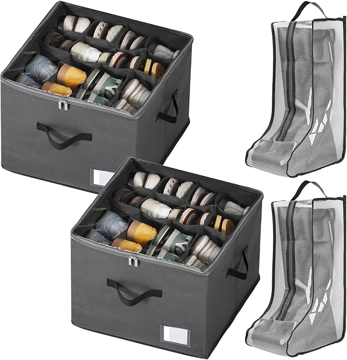 4 Pack Shoe Storage for Closet 26-30 Pairs Foldable Dust Proof Shoe Boot Storage Container Bags for Sneakers Tall Boots Heels Slippers with Clear Cover Reinforced Handles for Home Travel