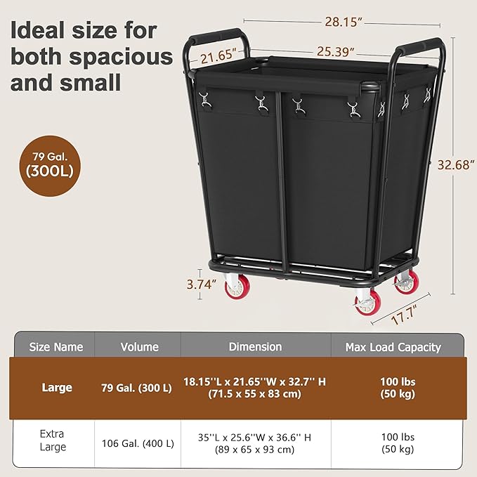 Hoctieon Large Laundry Cart with Wheels, 300L Heavy Duty Laundry Basket Organizer, Rolling Hamper Sorter for Clothes Storage, Industrial Dirty Clothes Hamper for Home & Hotel, Black