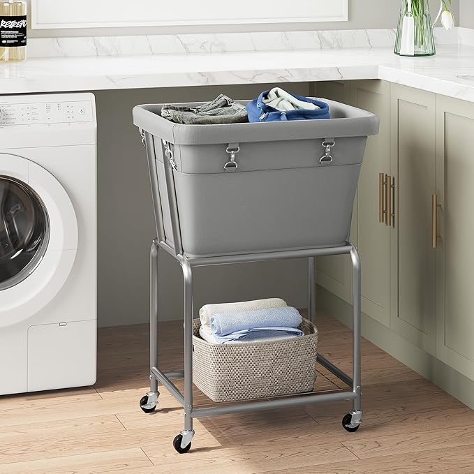 ELYKEN Laundry Cart with Wheels, Rolling Laundry Hamper with Removable Bag and Shelf, Metal Frame Laundry Basket with 4 Casters and 2 Brakes, Ideal for Bedroom, Bathroom, Laundry Room, Gray