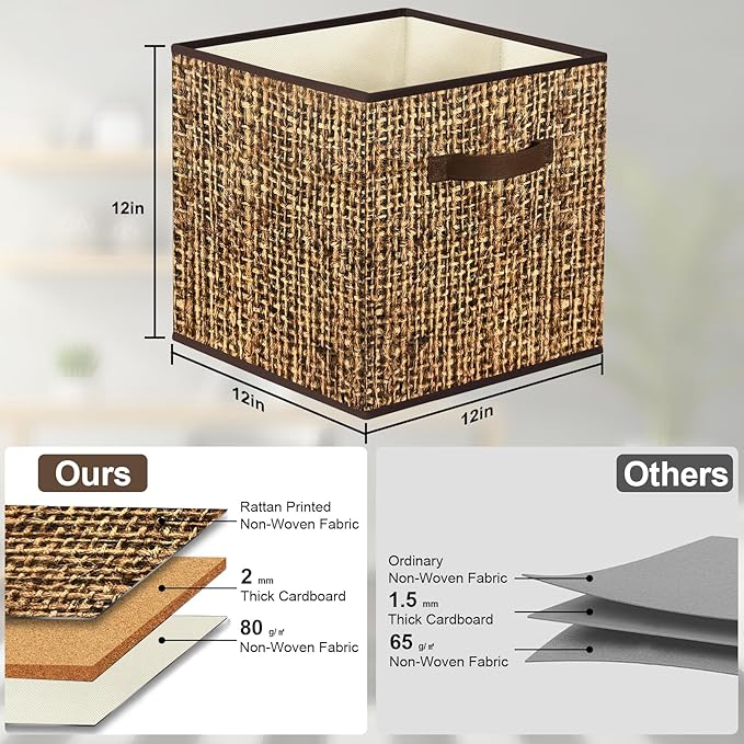 homyfort 12x12 Cube Storage Bins - Fabric Cubby Bins with Dual Handles, Collapsible Storage Organizer for Shelf, Closet, Nursery, Set of 6 （Not Rattan Weaving）