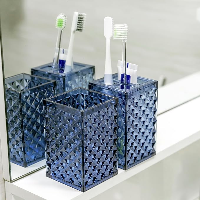 Blue Bathroom Accessories Set, 4 PCS Dark Navy Blue Bathroom Accessories Sets Complete, Diamond Pattern Bathroom Soap Dispenser and Toothbrush Holder Set, Boho Bathroom Décor and Accessories