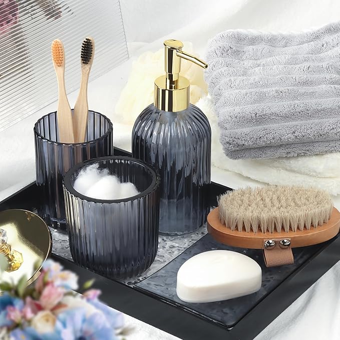 Designer Blue Glass Bathroom Accessories Sets - 4 Pcs with Lotion Soap Dispenser, Bathroom Toothbrush Holder, Vanity Tray, and Apothecary Jar, Vintage Bathroom Decor, Gift Countertop Organizer