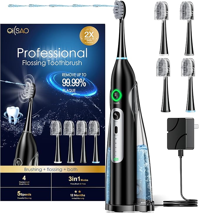 Electric Toothbrush with Water Flosser, All in One Sonic Flossing Toothbrush with 3 Modes & 5 Flossing Speeds & 4 Brush Heads, Rechargeable & Portable for Adult Teeth Cleaning,Black