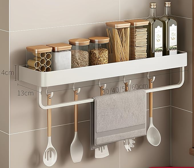 SEIDO Space-Saving Kitchen Utensil Holder | No-Drill Shelf Organizer | Wall Mount Spice Rack with Hooks & Bar for Bathroom | Space Aluminum | 12 Inch Long | White