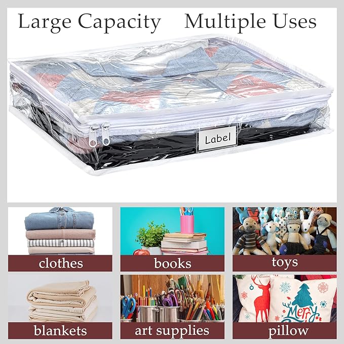 Hoolerry 6 Pieces Sweater Storage Bags Plastic Clear PVC Clothes Storage Bags with Zipper and Label for Blankets Clothes Closet Quilt Pillow Bed Sheet Organizer(14.2 x 12 x 3.2 Inch)