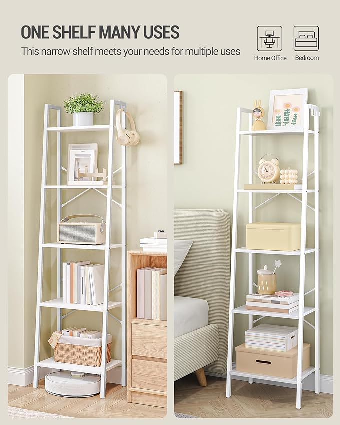 Ladder Shelf, Bookshelf Bookcase, Freestanding Corner Storage Shelve with 2 Hooks for Home Office, Living Room, Kitchen, Bedroom, Industrial, 11.8" D x 17.3" W x 63" H, White BC19213W