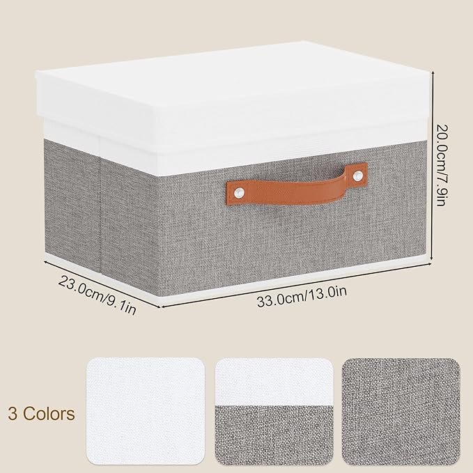 YheenLf Storage Baskets with Lids, Closet Organizer Boxes, Foldable Shelves Storage Bins with Handles, White and Grey, 3 Pack, 13 x 9.1 x 7.9 Inch