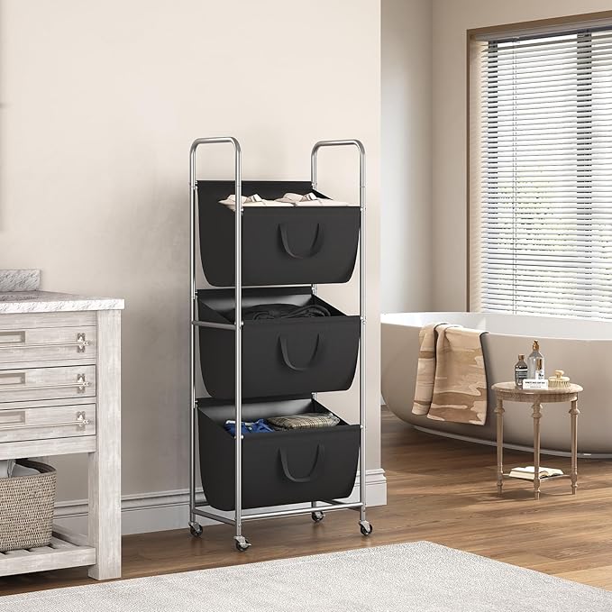 ELYKEN 120L Vertical Rolling Laundry Hamper with Removable Bags, 3 Section Laundry Baskets with Wheels, Space-Saving 3 Tier Laundry Sorter for Small Spaces, Dorm, Bedroom, Bathroom, Laundry Room
