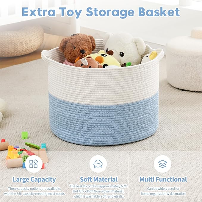 Foldable Laundry Hamper Basket with Collapsible Handle Cotton Rope Soft Woven Fabric Storage Organizer Clothes Toys Nursery Bedroom Dorm Space Saving Bin (White & Blue, 115L(23.6"D x 15.7"H))