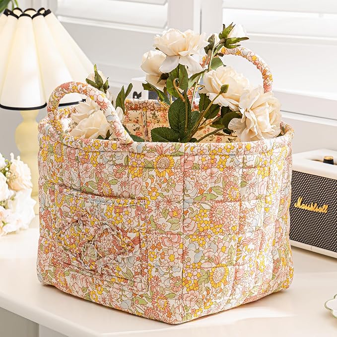 vctops Boho Cotton Quilted Storage Basket for Organizing, Basket Organizer Gift Baskets with Handles, Storage Bins for Toys, Books, Towels, and Clothes, Collapsible Fabric(Pattern F,13"x10.6"x10")