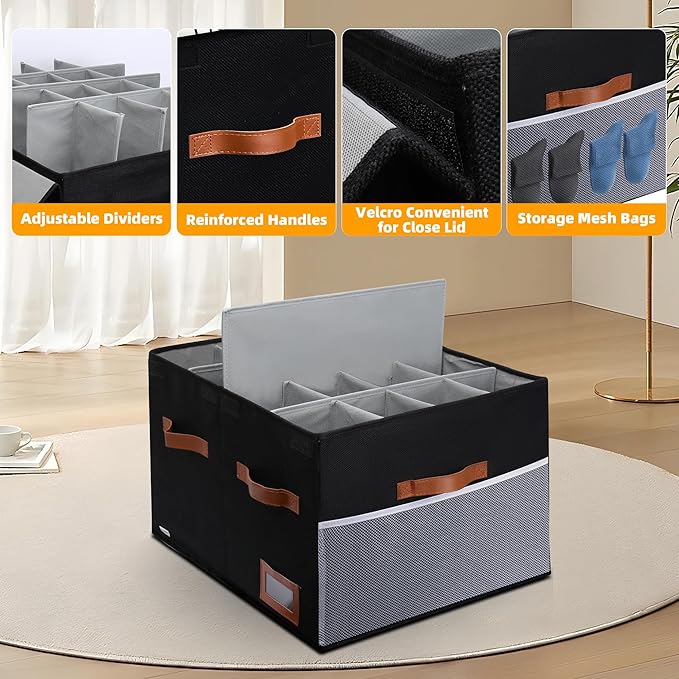 Shoe Organizer for Closet, Foldable Shoe Storage Bins with Lid & Adjustable Dividers, Fabric Shoe Box Storage Containers with Four Reinforced Handles, Fits 16 Pairs, 1 Pack, Black