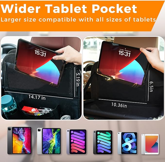 Backseat Car Organizer with Tray, 9 Storage Pockets Back Seat Protector with Foldable Tablet Holder, Waterproof Back of Seat Kick Mats for Kids Adult, Road Trip Essentials Travel Accessories, Black