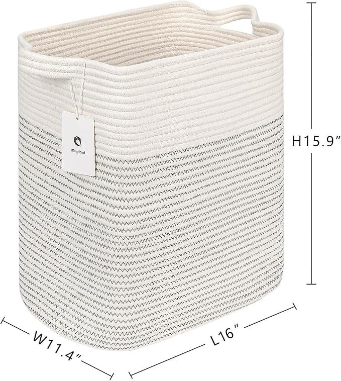 Storage Baskets for Clothes Fabric Cotton Rope Storage Basket with Handles, Decorative Woven Basket for Living Room,Closet Organizer Blankets, and 2bags (White/Black Line, L16×W11.4×H15.9)