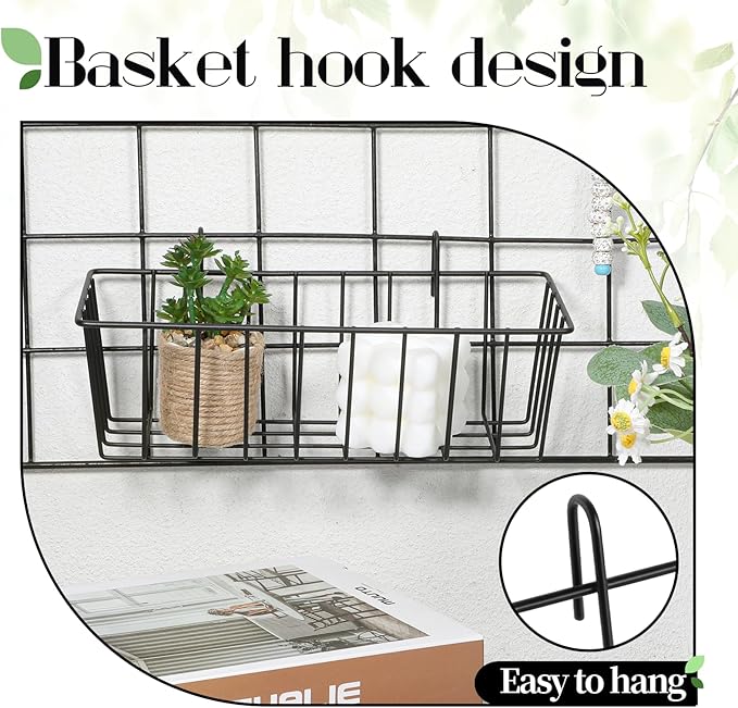 10 PCS Wall Grid Panel Hanging Wire Basket, Storage and Display Basket, No Drilling Wall Hanging Baskets, Grid Walls Accessory, for Kitchen Bathroom Home Decor Supplies, Black