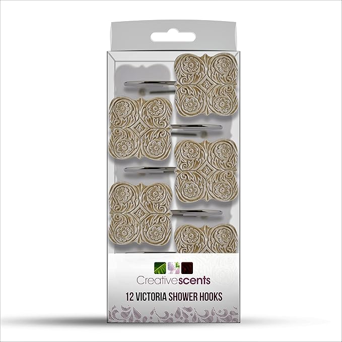 Creative Scents Victoria Beige Shower Curtain Hooks - Set of 12 Shower Curtain Rings for Bathroom Shower Rod - Decorative Shower Hooks for Shower Curtain