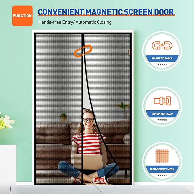 MAGZO Magnetic Screen Door Fit Door Size 48 x 83 Inch, Screen Size 50" x 84" Strong Magnet Mesh with Reinforced Hook & Loop for French, Sliding and Patio Entrances, Black