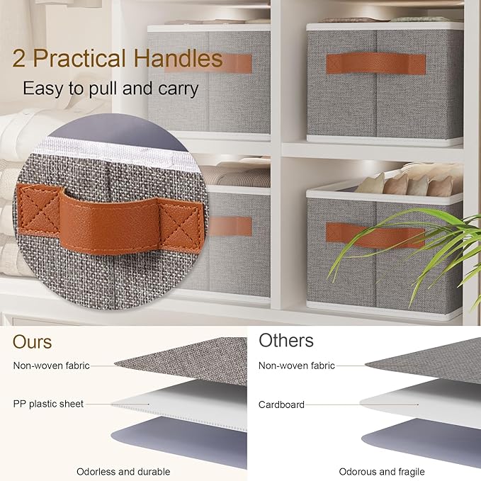 Fabric Storage Baskets, Foldable Clothes Organizer Boxes, 15 x 6 x 5 Inch Storage Cubes with Handles for Laundry Bathroom , Gray, 3-Pack