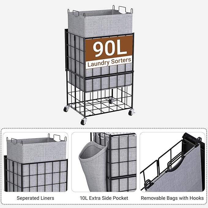90L Laundry Basket with Wheels, Large Capacity Laundry Hamper with Removable Liner Bags, Heavy Duty Laundry Sorter with Solid Wood Lid & Leather Handles (Grey) TLH001G01