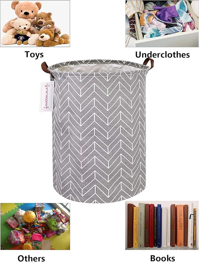 QUEENLALA Large Storage Basket,Laundry Hamper/Bathroom/Home Decor/Collapsible Round Storage Bin,Boys and Girls Hamper/Boxes/Clothing(Grey Wheat)