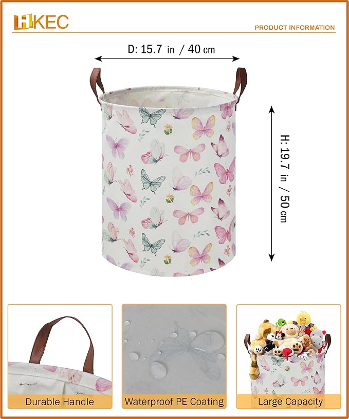 19.7" Butterfly Laundry Basket,Kids Dirty Clothes Hamper,Waterproof Toys Storage Bin,Room Decor,Gift Baskets,Baby Nursery Hamper(Pink Butterfly)