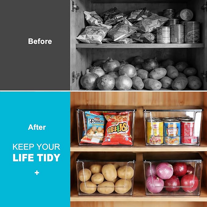 Pantry Organizers Storage, 2 Pack Under Sink Organizer Trash Bag Holder with Black Bamboo Lids Large Capacity Clear Storage Bins for Onion, Potato, Garlic, Canned Food Countertop Organizer