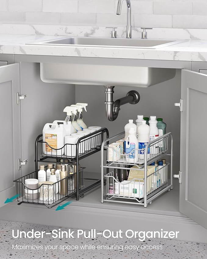 SONGMICS 4-Tier Pull Out Cabinet Organizers, Under Sink Organizer, Bathroom Organizer and Storage, Sliding Basket Drawers, Stackable for Kitchen, Bathroom, Ink Black UKCS017B02