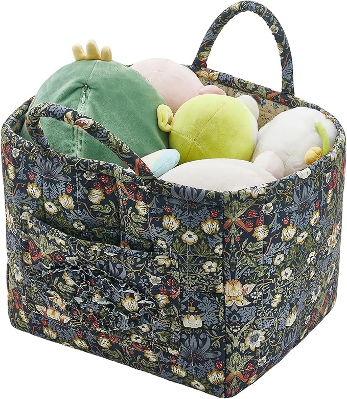 Boho Fabric Storage Basket, Large Capacity Laundry Basket, 12.2'' x 10.23'' x 10.23'' Collapsible Laundry Hamper with Easy Carry Handles (Blue, L)