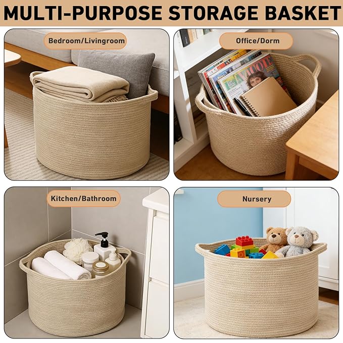 65L Large Blanket Basket,19.7" L x 19.7" W x 13" H Rope Woven Baskets with Handles, Toys Storage Bins,Laundry Basket Perfect for Living Room, Nursery,Bedroom,Home Organization,Camel