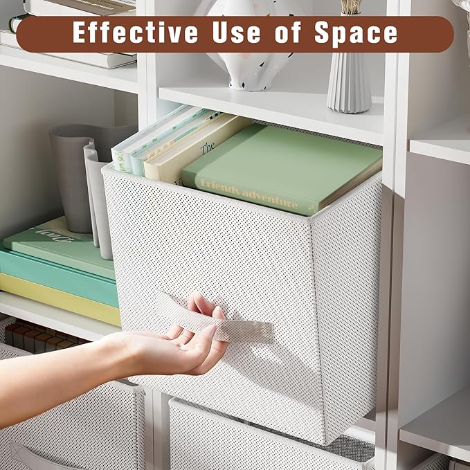 Fabric Storage Bins, Foldable Storage Cubes Baskets with Handle for Organizing, Collapsible Bins Cube Organizer Baskets for Closet, Shelves, Clothes, Towel (White, 2 Pack)