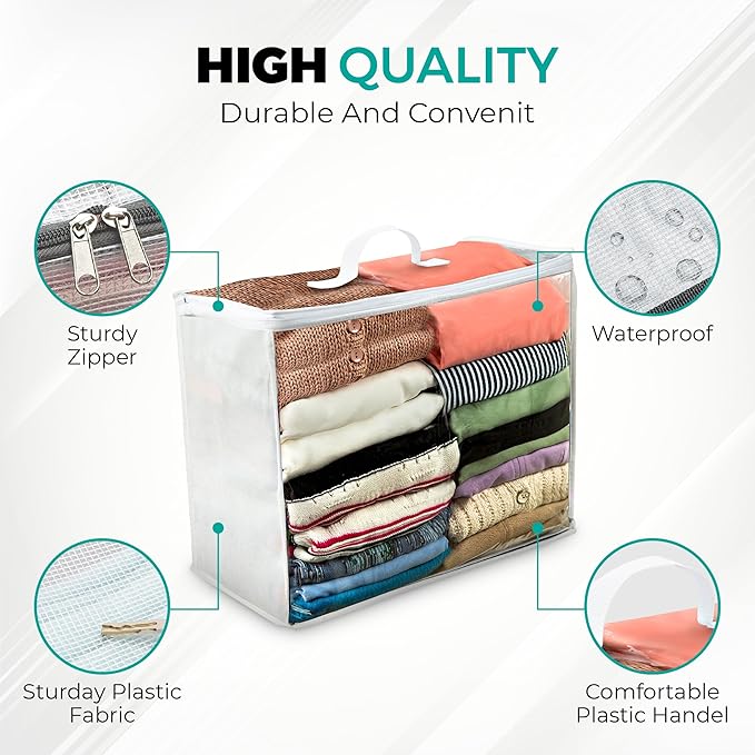 3 Pack Clear Plastic Storage Bags, Durable Zippered Storage Bags for Comforters, Blankets, Clothes, and Bedding - Breathable Nonwoven with Clear Front for Easy Organizing 20x20x8