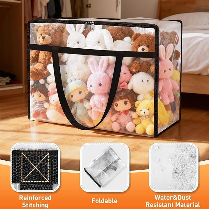 Clear Under Bed Storage Containers - 4 Pack Large Capacity Clothes Storage Bags with Lid & Sturdy Handles, Foldable Moving Bags, Clothing Organizer Totes for Bedding, Comforter, Sheet(60 L)