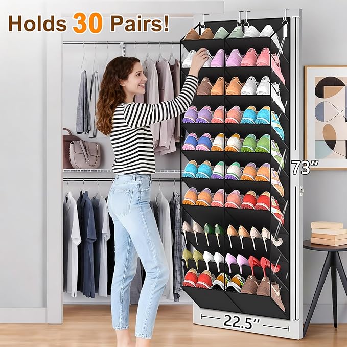 20-30 Pairs Over the Door Shoe Organizer, Clear Pockets Hanging Shoe Storage for Closet, 10-Tier Door Shoes Rack, Handing Shoes Holder Fit All the Family's Sneakers, Boots, Heels, Black