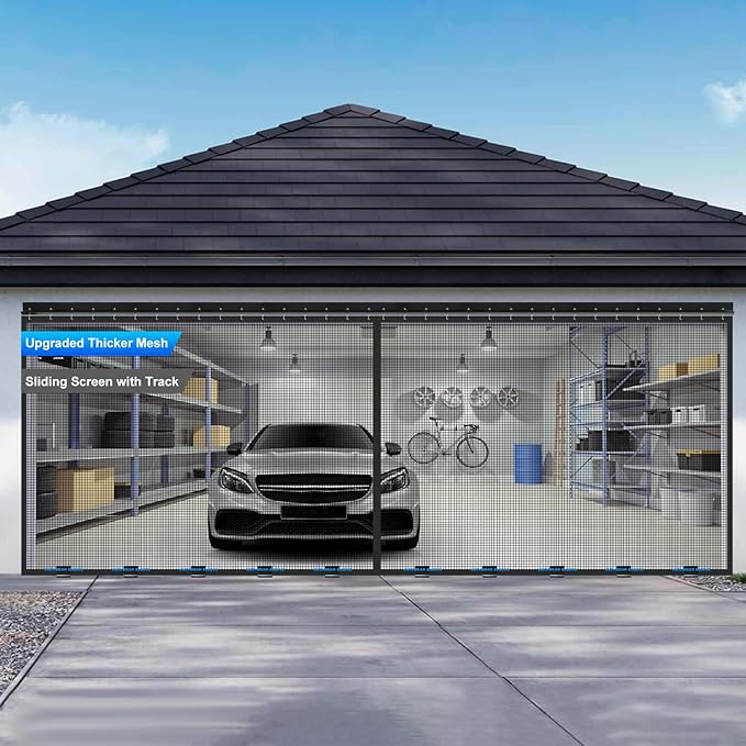 Sliding Garage Door Screen 16x8FT for 2 Car Garage Doors, Magnetic Garage Screen Door with Track Closure, Thicker 265g/㎡ Mesh, 16x8Ft Retractable Garage Door Screen(Patent has Been published)