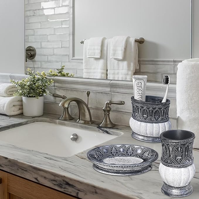 Pumkins Bathroom Accessories Set，Retro Style Including 1 Cups, 1 Toothbrush Holders, 1 Soap Dishes and 1 Soap Dispenser, Home and Countertop Decoration, Vanity Organize, New Home Gift, Grey