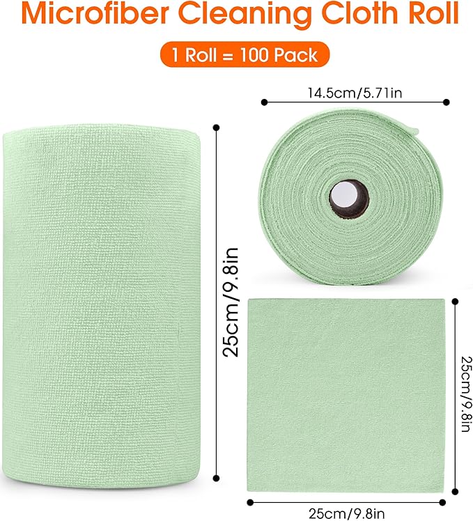 CHAUNCEY HOME Microfiber Cleaning Cloth Roll - 100 Pack Tear Away Microfiber Paper Towels, Reusable, Washable, Scratch-Free, Kitchen Towels for Car, Home, Kitchen, Glass, Dishes(Bean Green)