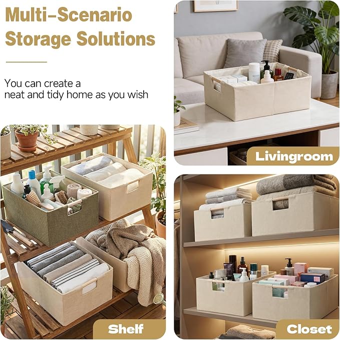 Foldable Fabric Storage Basket for Shelves, Linen Decorative Storage Bin with Wooden Handles, Small Organizer Cube for Closet, Rectangle Canvas Box for Organizing, Decor, 15x10.6x6 Inches (Brown)