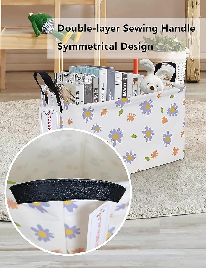 QUEENLALA Rectangular Laundry Hamper/Foldable Nursery Laundry Basket for Organizing/Storage Bin Baskets/Children Toy Office Bedroom/Toy Bin Closet Shelf Baskets（Rec-flowers）