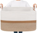 Goodpick Large Woven Blanket Basket 21.6" x 14.9" x 11.8" Storage Baskets for Organizing, Cotton Rope Basket for Home Decor Living Room Nursery, Toy Baskets Storage Kids, White & Camel Mix