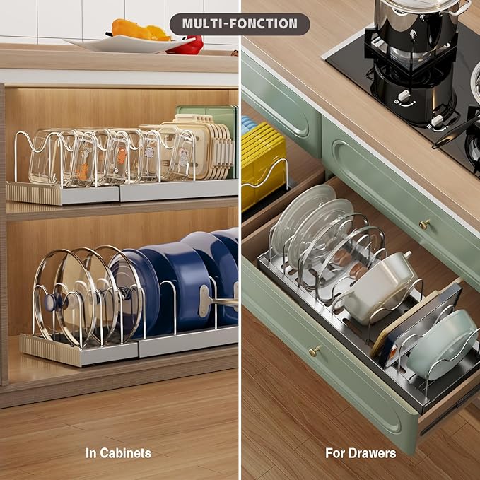 2 Pack Expandable Food Storage Container Lid Organizers, 22" Pots and Pans Organizer Under Cabinet with 9 Adjustable Dividers Pot and Pan Lid Holders Rack Inside Cabinet(Gray)